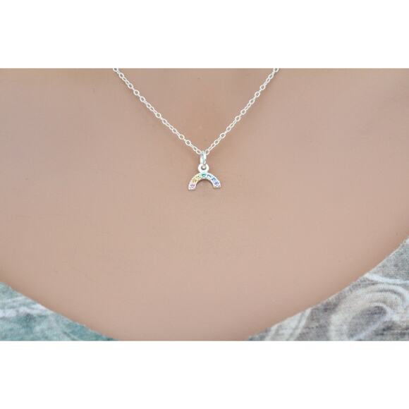 Sterling Silver Tiny Rainbow Charm with Nano Gems Necklace - Picture 2 of 4